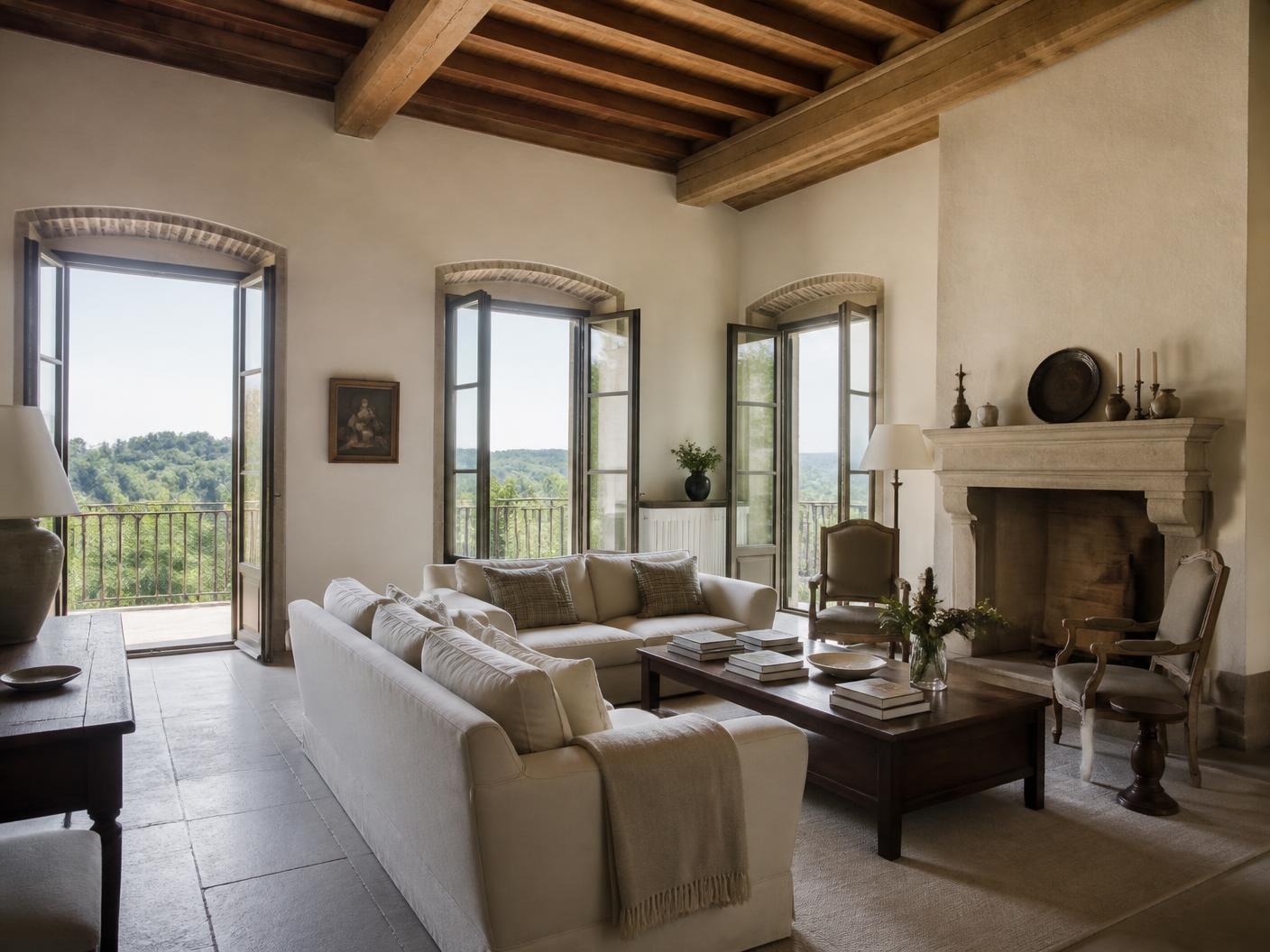 Interno luminoso della villa con vista sul paesaggio